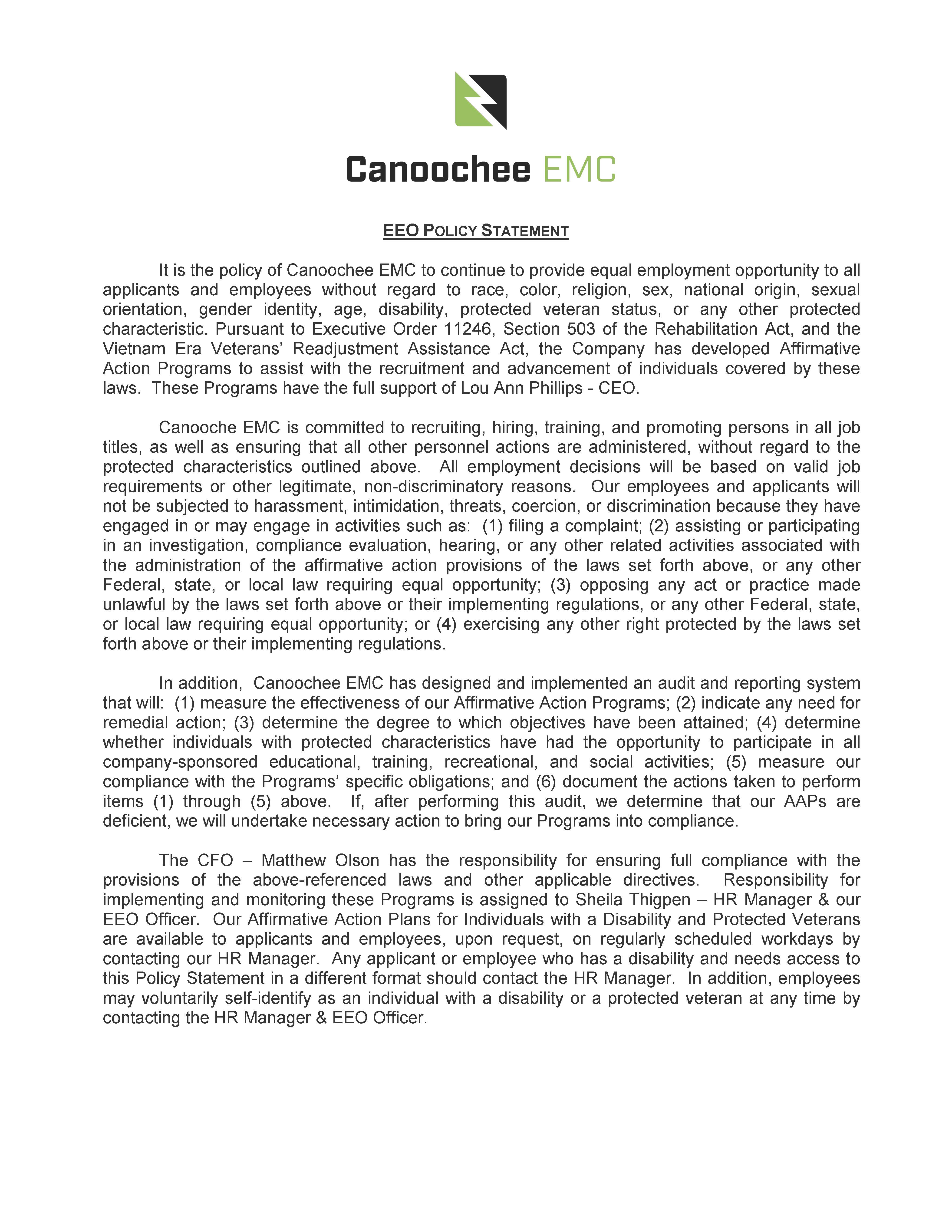  Equal Employment Opportunity Policy Statement Canoochee EMC